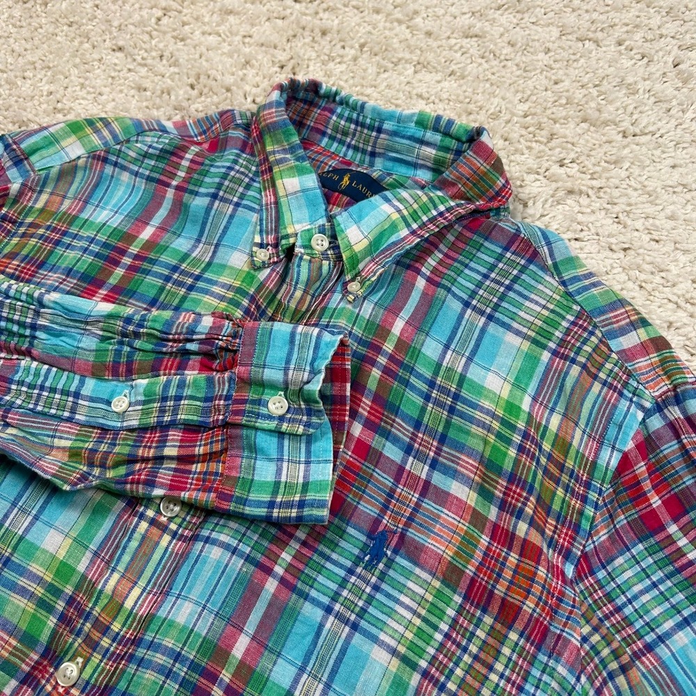Ralph Lauren Linen Shirt Large Multicolor Plaid Long Sleeve Button Down Colorful